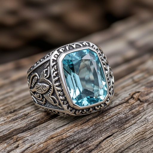 Aquamarine ring with pisces motif for man.