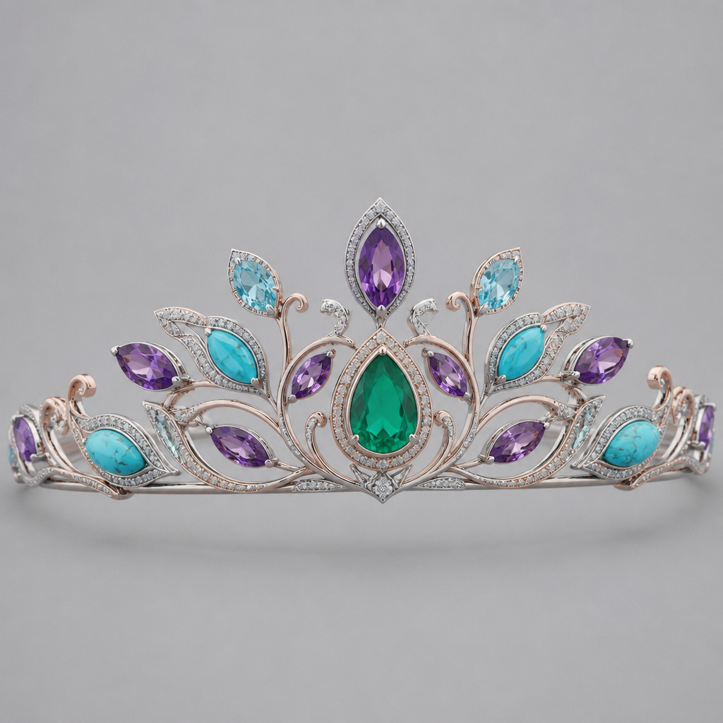 A women's tiara made of white gold with amethyst and aquamarine and turquoise stones. oro rosa y una gema de esmeralda
photorealistic jewelry design, A women's tiara made of white gold with amethyst and aquamarine and turquoise stones. oro rosa y una gema de esmeralda, modern style, just the design no text
