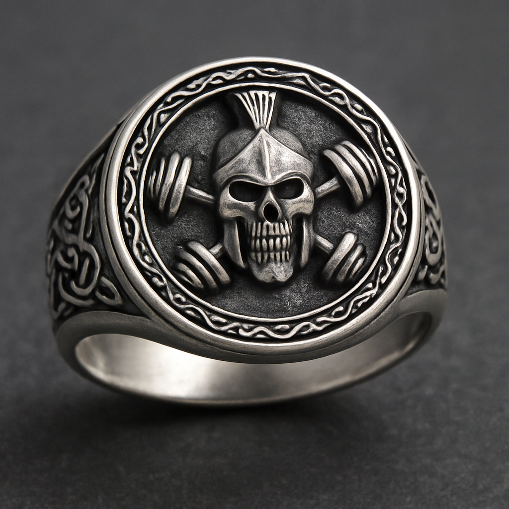 Silver signet ring with spartan skull with barbell gym bro