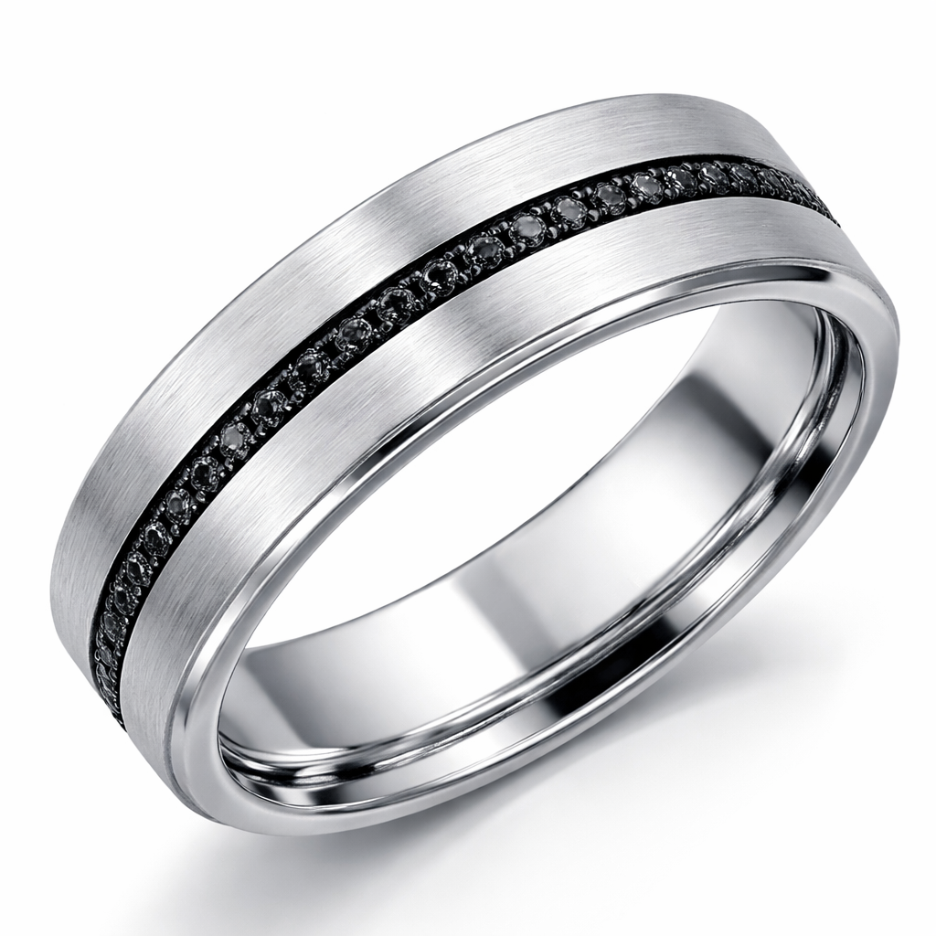 Men’s 6 mm white gold wedding band with Brushed finish and a thin line of Black Diamonds Eternity set around the band just in the center of the band