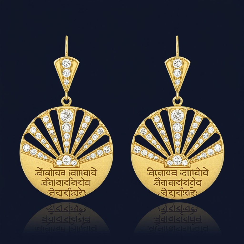 Серьги золотые в форме тонкого изящного полумесяца, полукруг как продолжение застежки, на полукруге надписи мантрами на санскрите