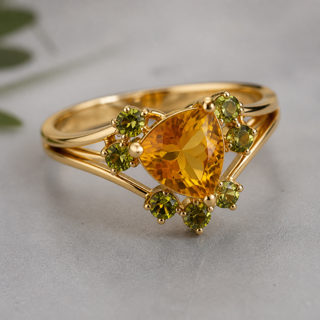 A women's ring made of gold with topaz stones. кольцо центральный камень цитрин трилон 3кар ,ещё камни 3мм зелёные гранаты 6 шт
photorealistic jewelry design, A women's ring made of gold with topaz stones. кольцо центральный камень цитрин трилон 3кар ,ещё камни 3мм зелёные гранаты 6 шт, modern style, just the design no text