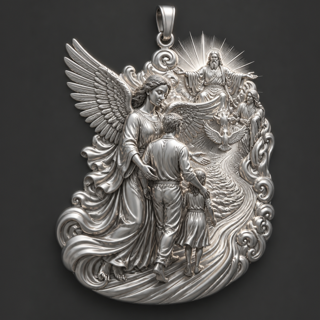 A modern women's pendant made of silver suitable for festival. An extraordinary excellent beautiful delicate and elegant pendant with the Guardian Angel with a beautiful delicate and elegant face, with long hair, with big wings flying, with a beautiful delicate elegant and with beautiful curves at her body, with a beautiful delicate and elegant tunic holding a child and an adult with its hands protecting them and guiding them on the way of the Holy Trinity. Sawing the way of the Holy Trinity in front of them God the Father, God the Son and God the Holy Spirit, the Holy Spirit to be as an Angel with a dove under the Angel surrounded by tongues of fire radiating light to the persons and the Guardian Angel, without the surrounding metals of the pendant.