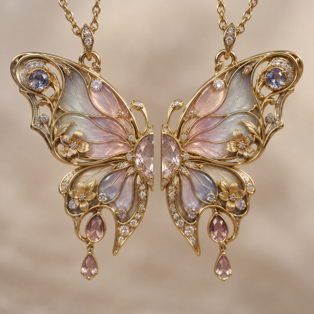 design a cute twin necklace for two halves with a pretty butterfly aesthetic with the name ELIZABETH PERFECTLY divided in the middle include jews plz
photorealistic jewelry design, design a cute twin necklace for two halves with a pretty butterfly aesthetic with the name ELIZABETH PERFECTLY divided in the middle include jews plz, art_nouveau style, just the design no text