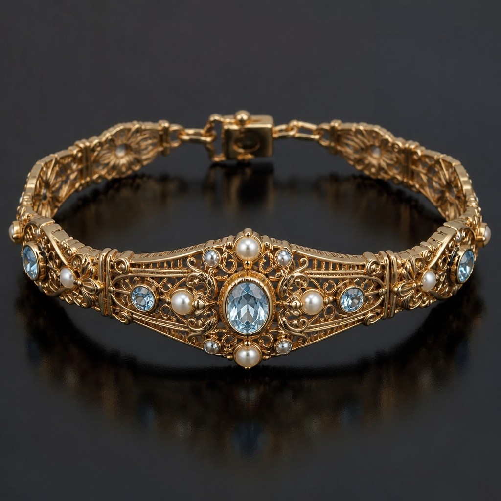 A vintage women's bracelet made of gold with aquamarine and pearl stones suitable for formal, highly ornate, intricate and elaborate, richly detailed. delicado y sencillo
photorealistic jewelry design, A vintage women's bracelet made of gold with aquamarine and pearl stones suitable for formal, highly ornate, intricate and elaborate, richly detailed. delicado y sencillo, vintage style, just the design no text