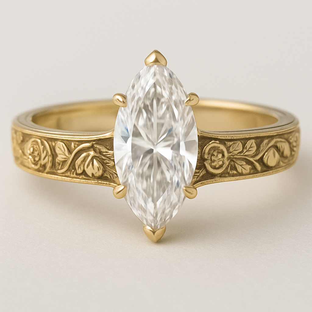 gold engagement ring with marquise cut diamond 2ct and cathedral setting. band same width all the way around and has roses, snow drops, and vintage look