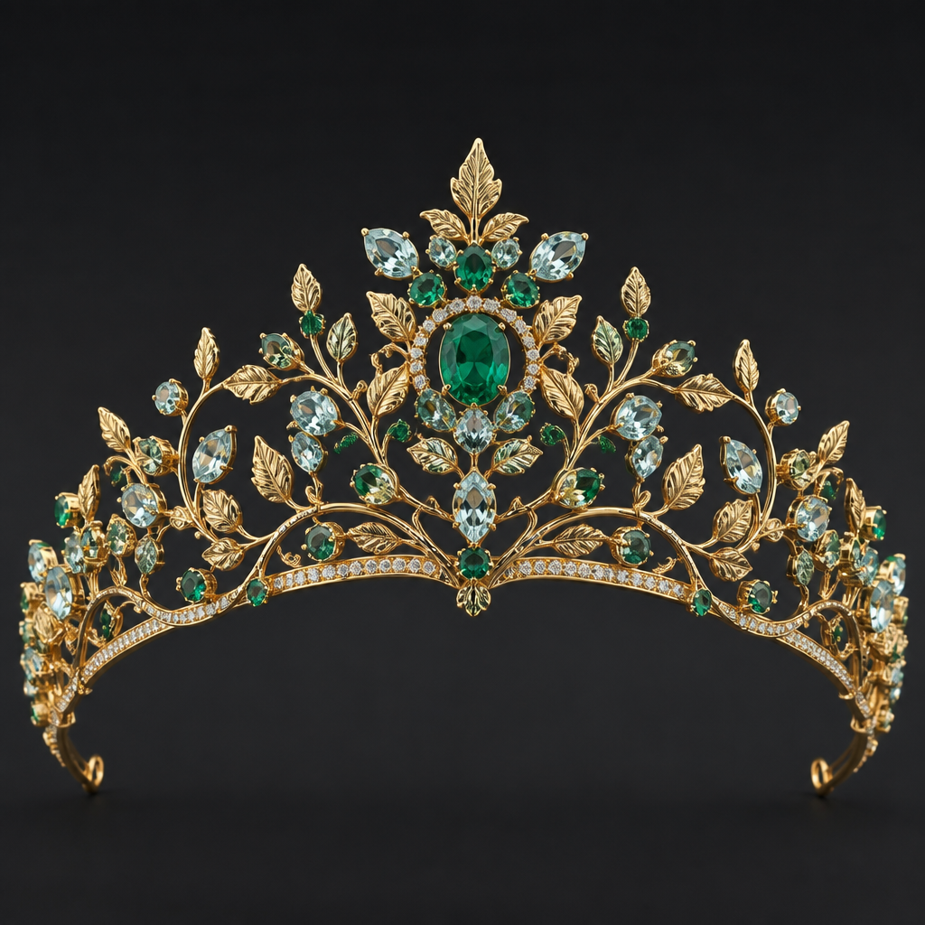 A luxury women's tiara made of gold with emerald and aquamarine stones suitable for formal, highly ornate, intricate and elaborate, richly detailed. delicado y sencillo, y que tenga unas finas enredaderas con pequeñas hojas
photorealistic jewelry design, A luxury women's tiara made of gold with emerald and aquamarine stones suitable for formal, highly ornate, intricate and elaborate, richly detailed. delicado y sencillo, y que tenga unas finas enredaderas con pequeñas hojas, luxury style, just the design no text