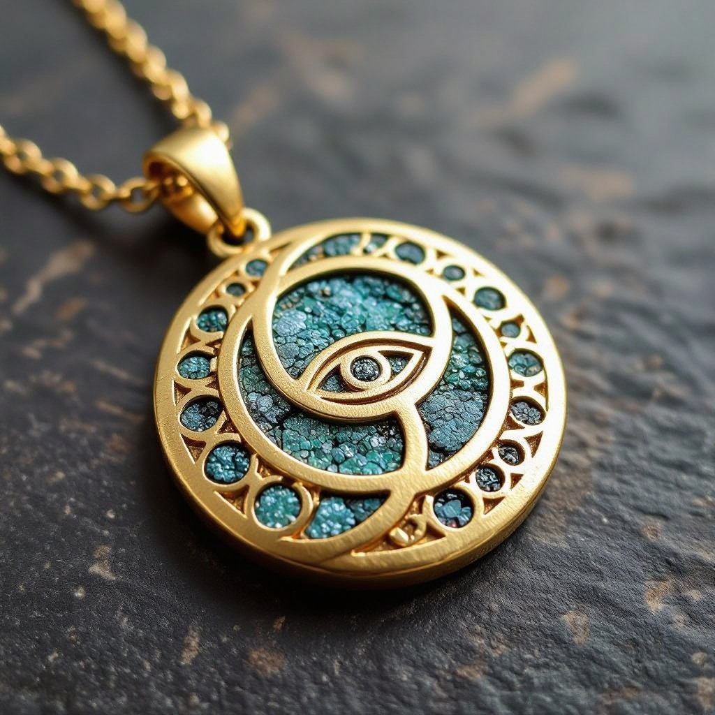 Подвеска из матового золота с узорами и мелкими необработанными матовыми камнями в форме двух пересекающихся окружностей и глаза между ними