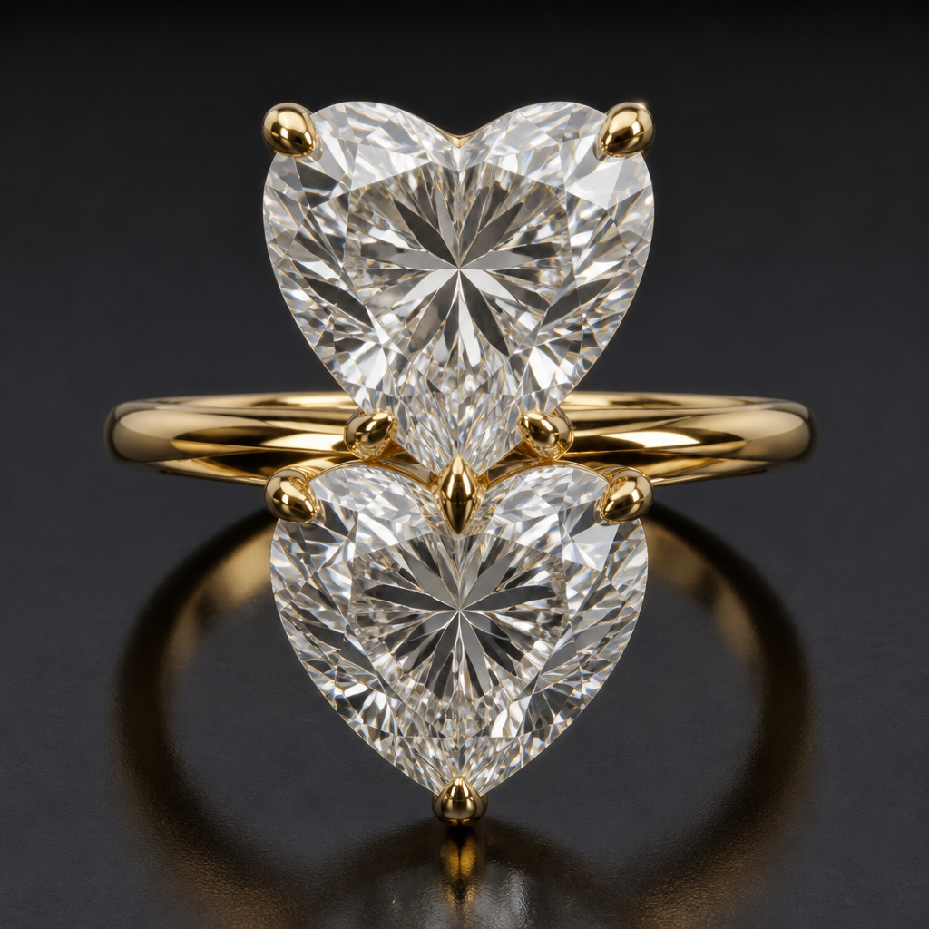 2 hearts top to top placed vertically on a floating ring setting
photorealistic jewelry design, 2 hearts top to top placed vertically on a floating ring setting , floating style, just the design no text