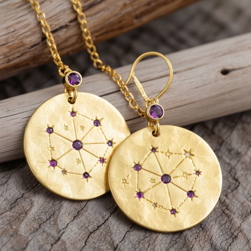 Серьги и кулон в одном стиле. Светлое матовое состаренное мятое золото. На круге изобрежены созвездия. Очень маленькие сиреневые камушки. 