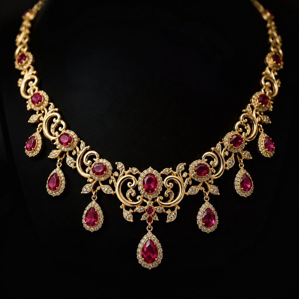 A luxury women's necklace made of gold with ruby stones suitable for party, detailed and decorative, moderately ornate. un collar lujoso de oro con rubí, especial para fiestas
photorealistic jewelry design, A luxury women's necklace made of gold with ruby stones suitable for party, detailed and decorative, moderately ornate. un collar lujoso de oro con rubí, especial para fiestas, luxury style, just the design no text
