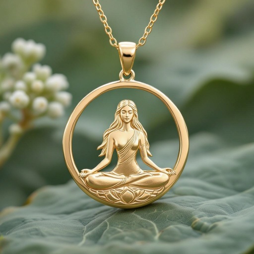 Золотой кулон в виде неровного круга в круге выгравирована женщина с длинными волосами в позе лотоса