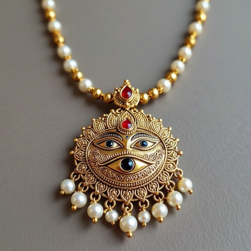 Кулон на длинной цепочке. Матовое светлое золото. В цепочке небольшие золотые шарики и жемчуг. Кулон в виде двух глаз над ними лотос с маленьким красным камнем внутри узоры завитушки 