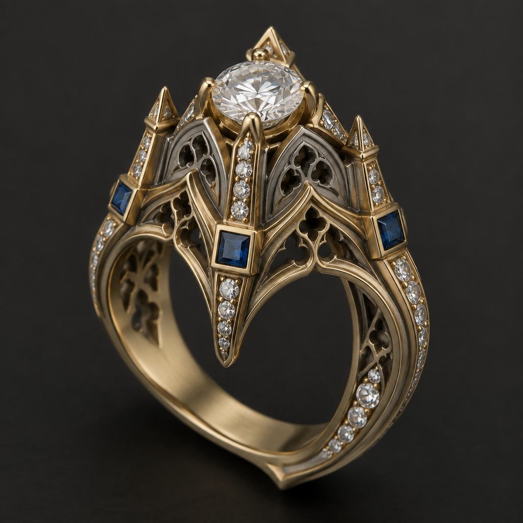 A gothic women's ring made of mixed metal with diamond and sapphire stones. design ring using 33 .10 carat diamonds, 7 .10 carat square sapphires, and one .50 carat round diamond. metals should be white and yellow gold with a matte finish. do not cluster gems.
photorealistic jewelry design, A gothic women's ring made of mixed metal with diamond and sapphire stones. design ring using 33 .10 carat diamonds, 7 .10 carat square sapphires, and one .50 carat round diamond. metals should be white and yellow gold with a matte finish. do not cluster gems., gothic style, just the design no text
