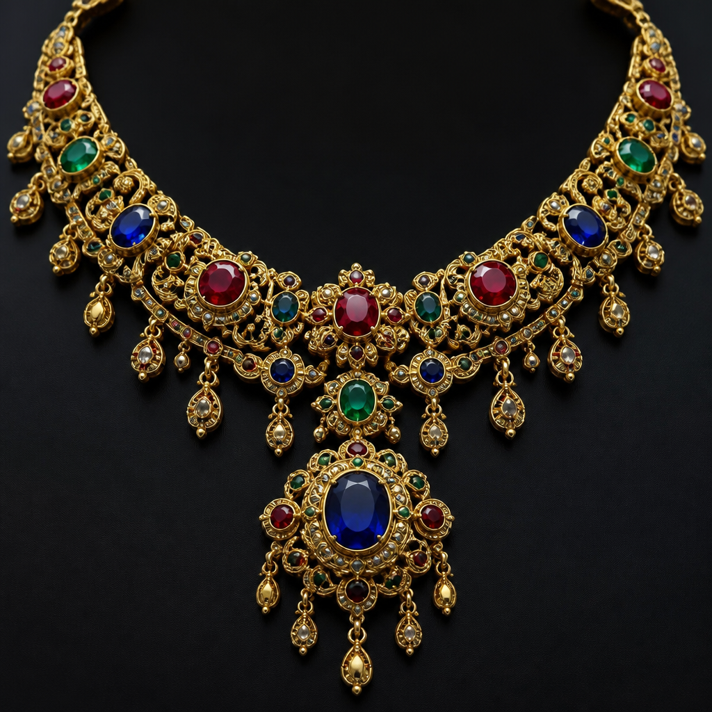 A medieval women's necklace made of gold with emerald and sapphire and ruby stones suitable for wedding, highly ornate, intricate and elaborate, richly detailed
photorealistic jewelry design, A medieval women's necklace made of gold with emerald and sapphire and ruby stones suitable for wedding, highly ornate, intricate and elaborate, richly detailed, medieval style, just the design no text