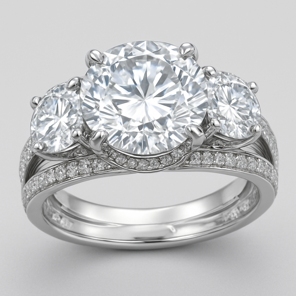 Elegant platinum 4 carat tw 3 stone ring with  hidden halo and pave split band