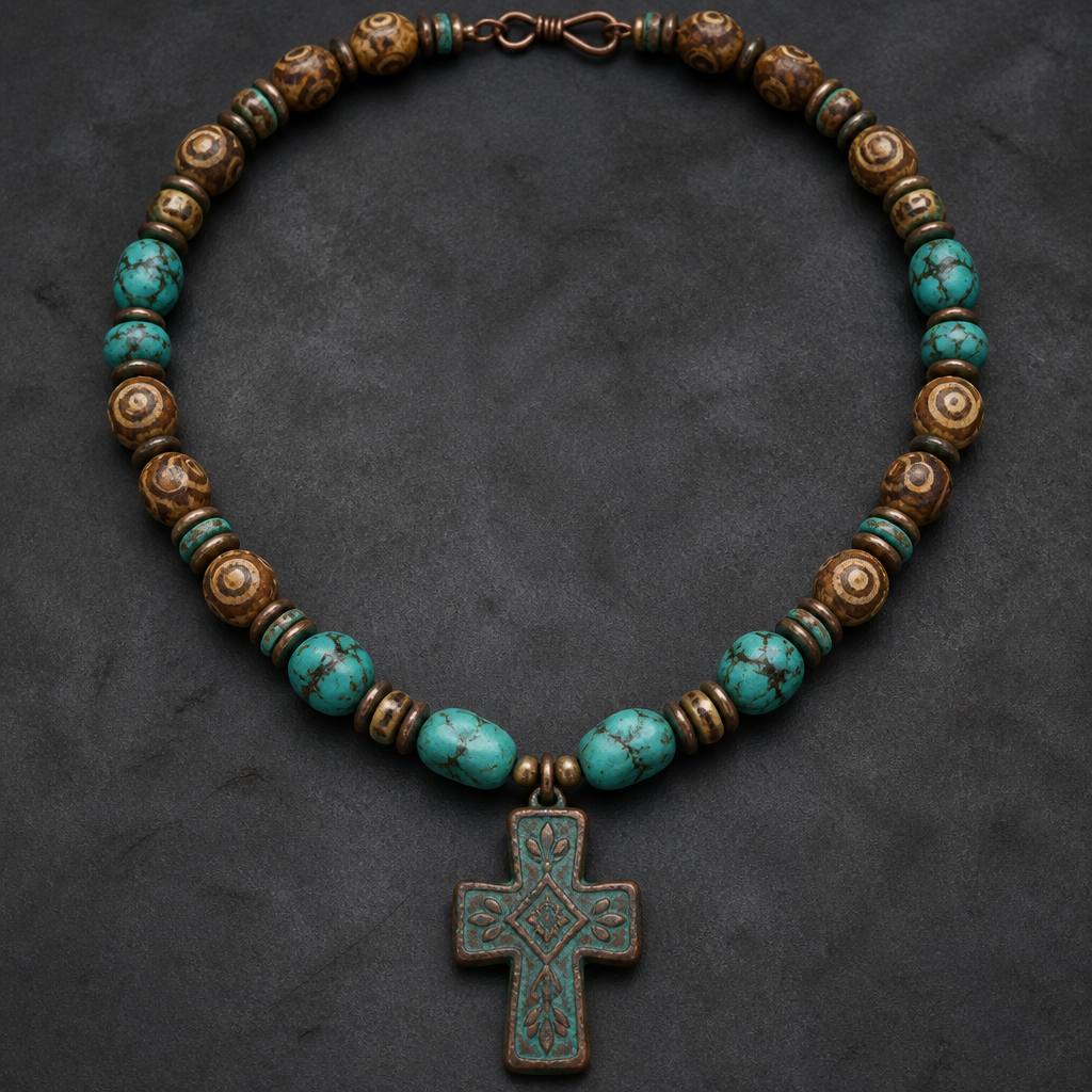 "8.5-9mm soapstone in earth tones with carved eye round beads, turquoise chunky chips 9x12mm, Heishi beads 3mm, copper with green patina cross pendant 3x4" necklace "
photorealistic jewelry design, "8.5-9mm soapstone in earth tones with carved eye round beads, turquoise chunky chips 9x12mm, Heishi beads 3mm, copper with green patina cross pendant 3x4" necklace ", tribal style, just the design no text