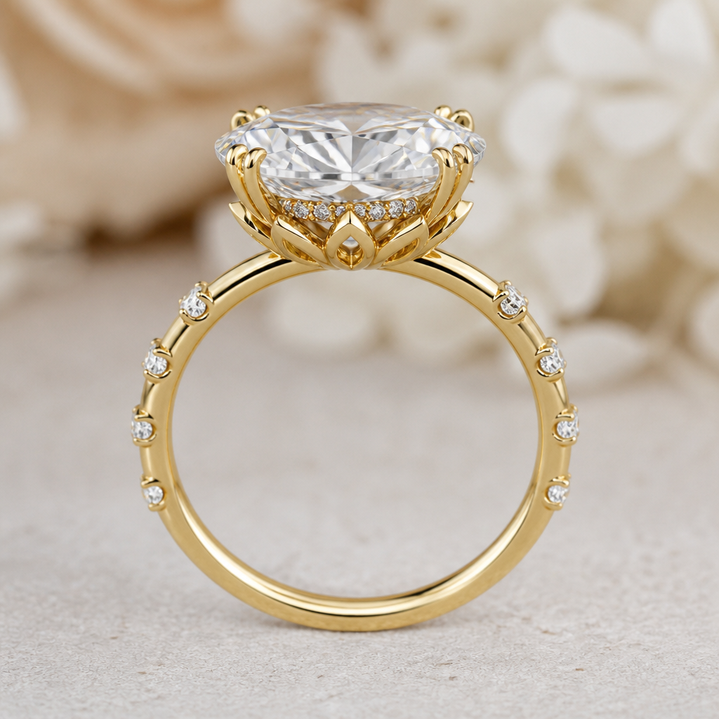 A moval ring 2mm band, 18k yellow gold, VVS2, hidden halo, flower basket base, spaced diamond band. 4.25carats, 6 claw prongs (east west)
photorealistic jewelry design, A moval ring 2mm band, 18k yellow gold, VVS2, hidden halo, flower basket base, spaced diamond band. 4.25carats, 6 claw prongs (east west) , modern style, just the design no text