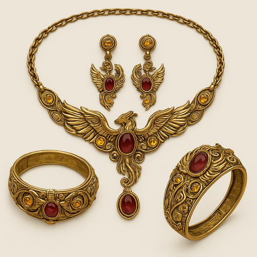 A full Ruby jewelry set including bracelet, earrings and rings with at least 10 citrine and topaz inlays with phoenix themes and an omega necklace
