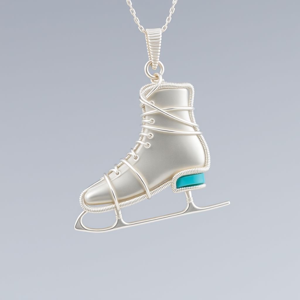 Silver Pendant shape one ice skate with turquoise stripe inside the low thin part blade