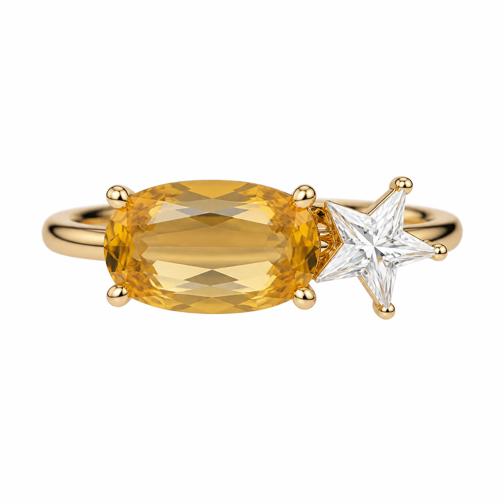 3ct cetrine east west setting with one 1ct star moissanite
photorealistic jewelry design, 3ct cetrine east west setting with one 1ct star moissanite, just the design no text