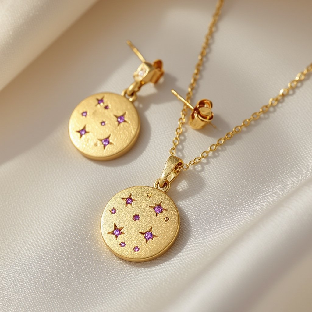 Серьги и кулон в одном стиле. Светлое матовое состаренное мятое золото. На круге изобрежены созвездия. Очень маленькие сиреневые камушки. 