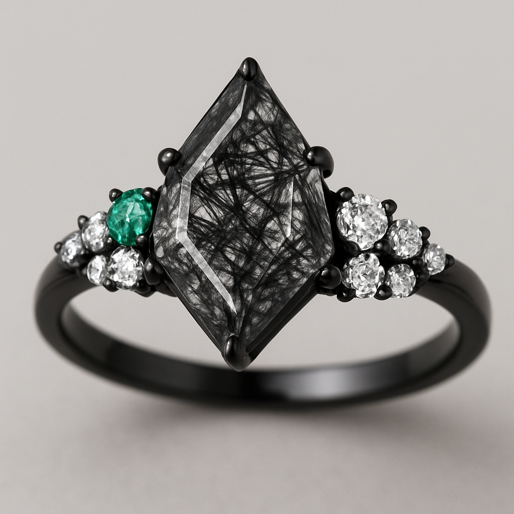 Kite cut Black rutilated quartz with 1 emerald on each side and 3 moissanite on each side accent stones in a cluster on a black band, wedding band black with moissanite stones that curves around the main stone 