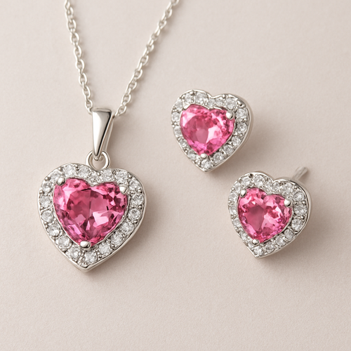 This elegant jewellery set features heart-shaped pink gemstones as the focal point, symbolizing romance and grace.
Delicate silver chains with small round white stones add sparkle and movement.
The matching necklace and earrings create a balanced, modern yet feminine look.
Perfect for romantic occasions, it embodies soft luxury and timeless charm.