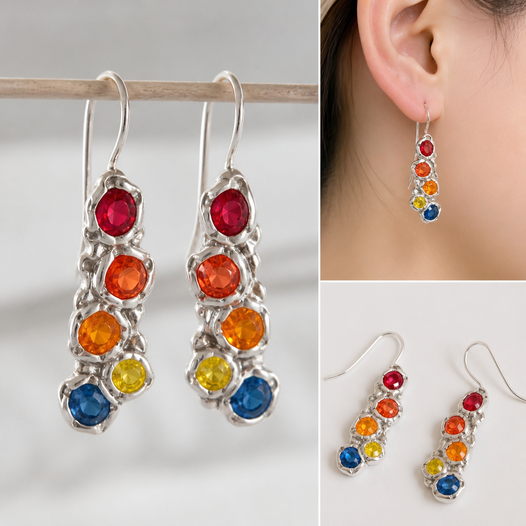 A modern women's earrings made of silver suitable for daily wear. 從照片的五個末切割的彩藍寶石;
ㄧ個红色,ㄧ個橙红色,兩個橙色和ㄧ個黃色。
把這五個寶石用銀黏土隨形造成耳環. 適合年輕少女
photorealistic jewelry design, A modern women's earrings made of silver suitable for daily wear. 從照片的五個末切割的彩藍寶石;
ㄧ個红色,ㄧ個橙红色,兩個橙色和ㄧ個黃色。
把這五個寶石用銀黏土隨形造成耳環. 適合年輕少女, modern style, just the design no text