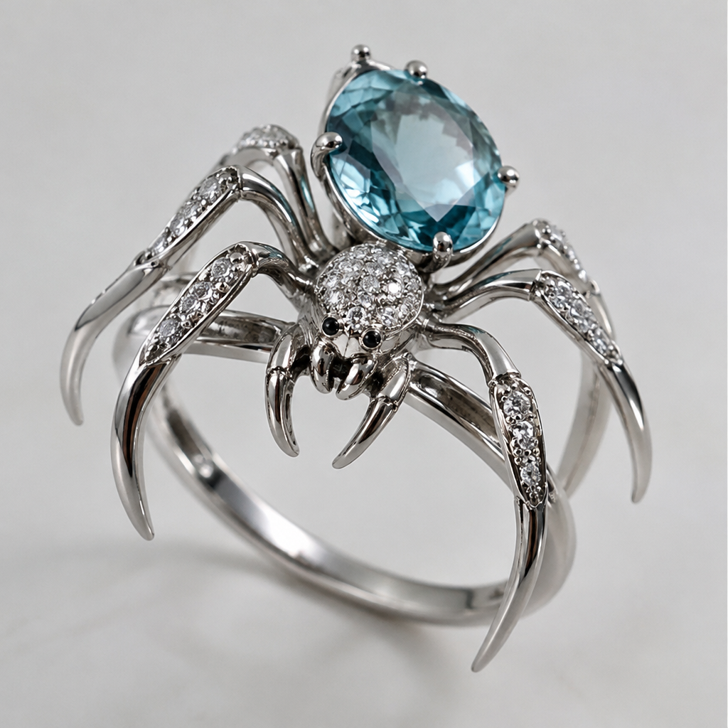 A women's ring. spider ring with. a aquamarine oval gem stone on its but
photorealistic jewelry design, A women's ring. spider ring with. a aquamarine oval gem stone on its but, modern style, just the design no text