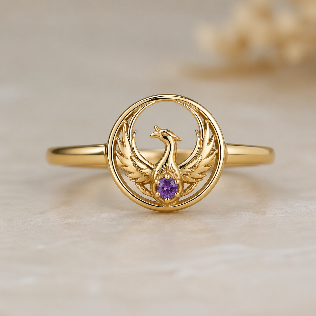 A minimalist women's ring made of gold with amethyst stones suitable for daily wear. fio dourado, ouro, a joia em si, um circulo com a fenix no centro segurando a oedra pequena amethist. Um fio dimples para usar no dia a dia com um toque de charme
photorealistic jewelry design, A minimalist women's ring made of gold with amethyst stones suitable for daily wear. fio dourado, ouro, a joia em si, um circulo com a fenix no centro segurando a oedra pequena amethist. Um fio dimples para usar no dia a dia com um toque de charme, minimalist style, just the design no text