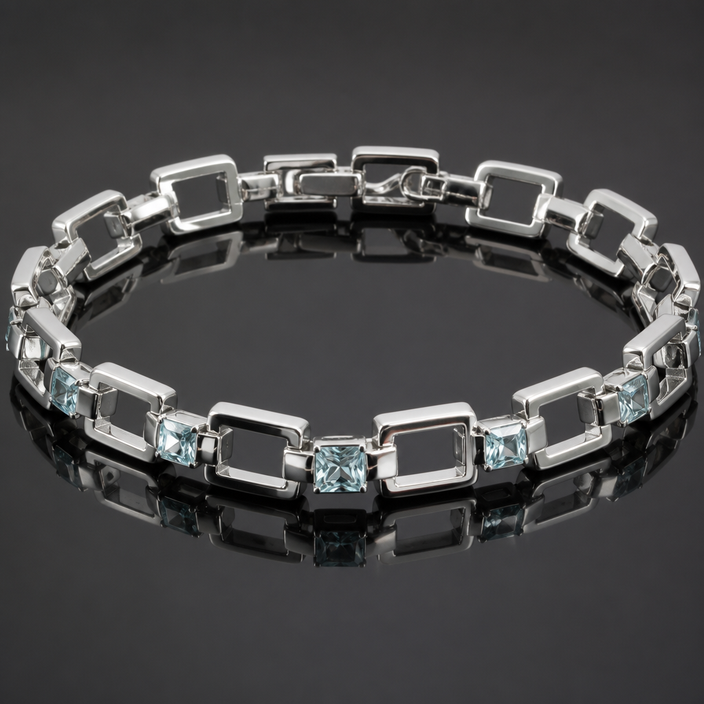 A women's bracelet made of silver with aquamarine stones. pulsera hueca de eslabón cuadrado intercalado
photorealistic jewelry design, A women's bracelet made of silver with aquamarine stones. pulsera hueca de eslabón cuadrado intercalado, modern style, just the design no text