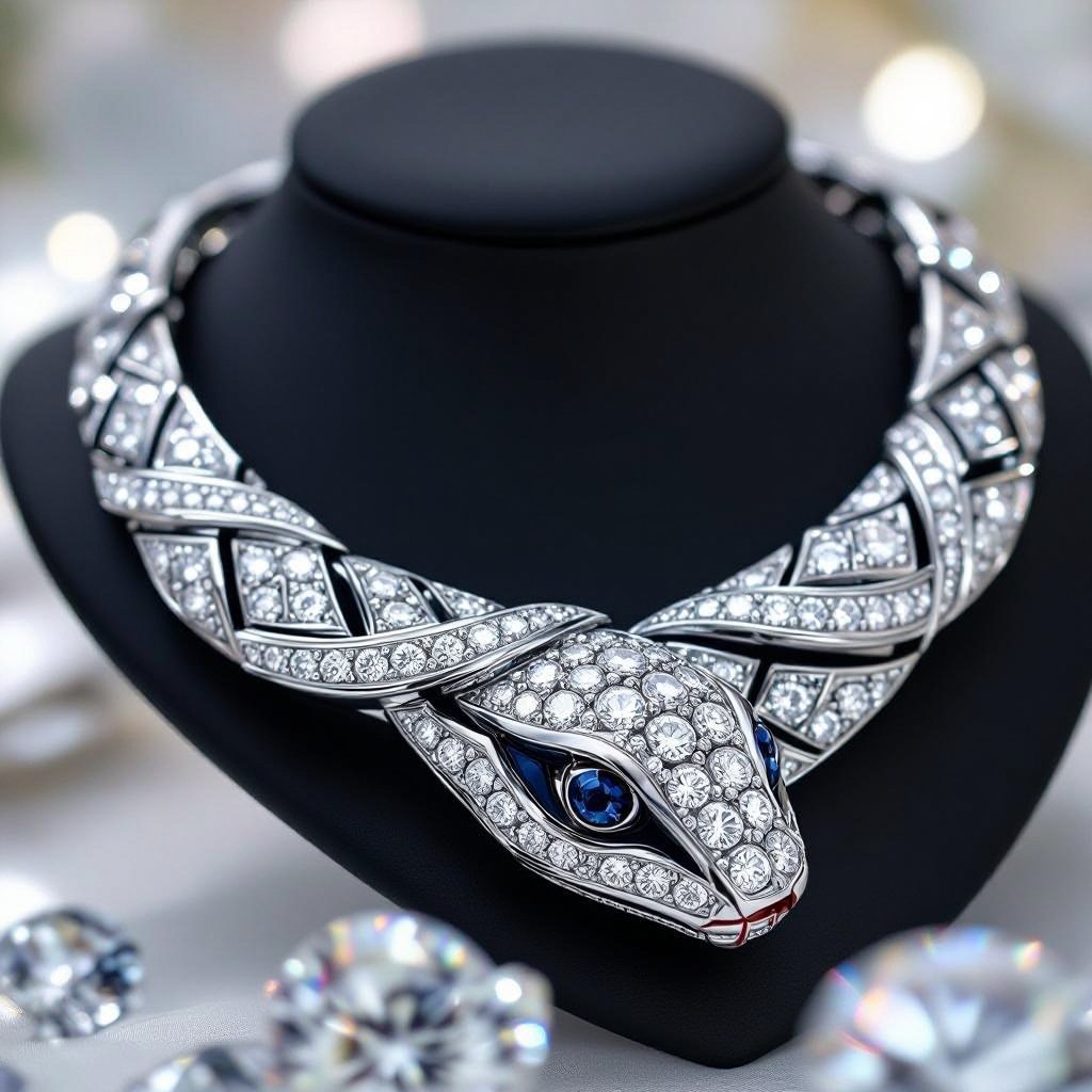 Necklace of geometric snake leather with diamonds of architecture shapes