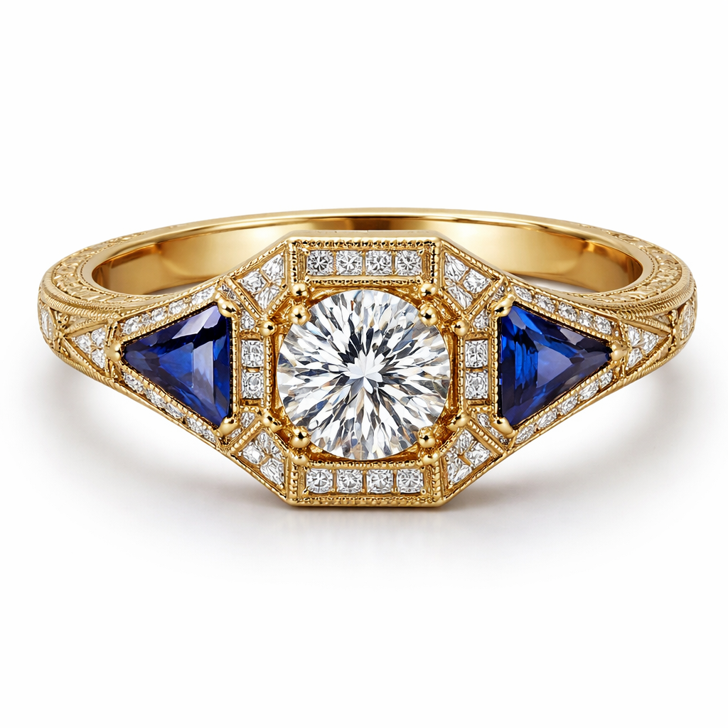 Gold ring with a diamond in the middle with sapphires on each side of it
Gold ring with a diamond in the middle with sapphires on each side of it
, art_deco style