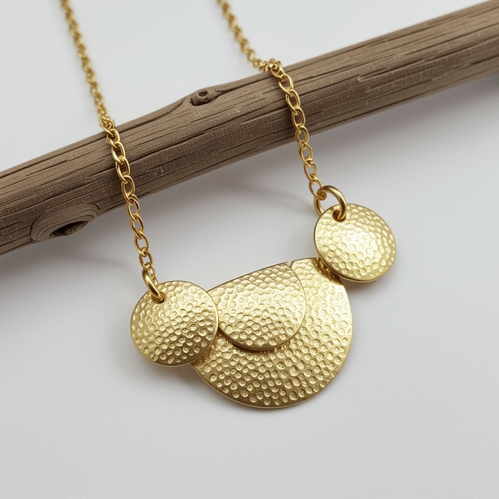Подвеска из трех полукругов из матового неровного светлого золота соединенных цепочкой сверху самый широкий полукруг дальше средний и снизу самый маленький