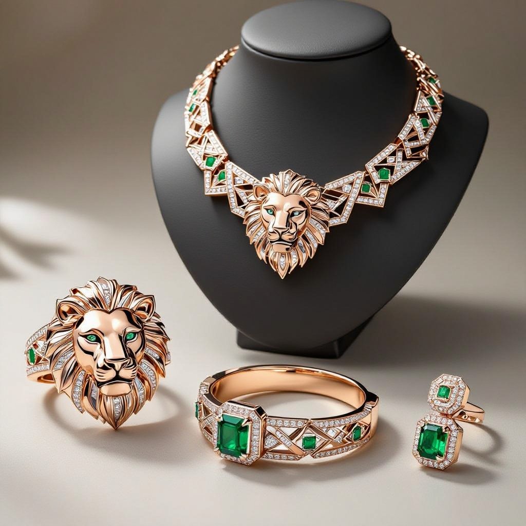 Necklace and ring and bracelet and Earrings set of Lion king edges Geometric lion ring of rose gold and white goldGeomatricw lion of architecture shape and edge of diamonds and emerlad of rose gold 