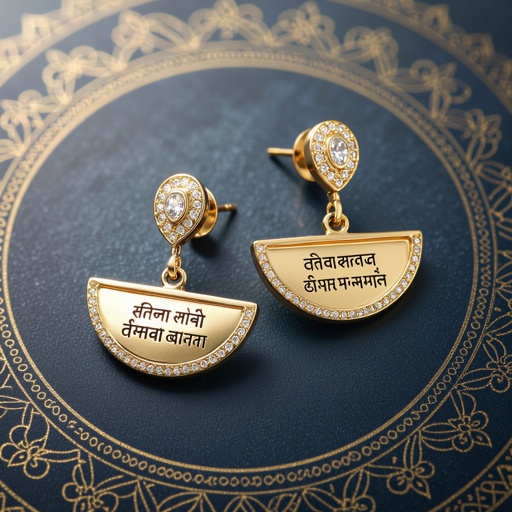Серьги золотые в форме полукруга, полукруг как продолжение застежки, на полукруге надписи мантрами на санскрите
