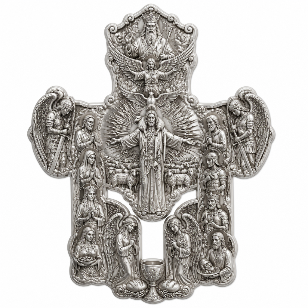 A artistic women's pendant made of silver suitable for festival. An extraordinary excellent beautiful delicate and elegant, super modern Cross, without stones, without background only the Cross, with Jesus Christ as the Good Shepherd with a beautiful delicate and elegant face, with long hair, with a beautiful delicate elegant and fit body, with His hands wide open to receive all of us, with a beautiful delicate elegant and beautifully ornated tunic, with a beautiful delicate and elegant sheep on His shoulders, with a beautiful delicate and elegant flock of beautiful delicate and elegant sheep backward of Him. Over Jesus Christ and the flock to be placed the Holy Spirit as an Angel with a beautiful delicate and elegant face, with long hair, with big wings flying, with a beautiful delicate elegant and fit body, with a beautiful delicate elegant and beautifully ornated tunic under the Angel to be placed a beautiful delicate and elegant dove flying both of them the Angel and the dove to be surrounded by tongues of fire radiating light to Jesus Christ and the flock. Over the Holy Spirit to be placed God the Father with a beautiful delicate and elegant face, with long hair, with a beautiful delicate elegant and fit body, with a beautiful delicate and elegant tunic, with a beautiful delicate and elegant sceptre at His left hand blessing the world with His right hand, with a beautiful delicate elegant and beautifully ornated crown on His head. At the bottom of the Cross to be placed the Holy Communion with a beautiful delicate elegant and beautifully ornated chalice and two breads around the chalice. At the lower right side of the Cross to be stacked one by one Saint John the Baptist with a beautiful delicate elegant and beautifully ornated platter with his head on it. Over Saint John the Baptist to be placed Saint Constantine with a beautiful delicate and elegant face, with long hair, with a beautiful delicate and elegant crown on his head, with a beautiful delicate elegant and fit body, with a beautiful delicate and elegant armour holding a beautiful delicate elegant and beautifully ornated Cross. Over Saint Constantine to be placed Saint George with a beautiful delicate and elegant face, with long hair, with a beautiful delicate elegant and beautifully ornated helmet with a beautiful delicate elegant and fit body, with a beautiful delicate elegant and beautifully ornated armour, holding a beautiful delicate and elegant sword with his right hand at low position and near the floor giving respect to the Holy Trinity and Praying. Over Saint George to be placed Saint Peter the Apostle Praying. At the left lower side of the Cross to be placed stacked Saint Paraskevi with a beautiful delicate and elegant face, with long hair, with a beautiful delicate elegant and beautifully curved body, with a beautiful delicate elegant and beautifully ornated tunic holding a bowl with two eyes in it. Over Saint Paraskevi to be placed Saint Irene with a beautiful delicate and elegant face, with long hair, with a beautiful delicate elegant and beautifully ornated wreath on her head, with a beautiful delicate elegant and beautifully curved body, with a beautiful delicate elegant and beautifully ornated tunic Praying. Over Saint Irene to be placed Virgo Maria with a beautiful delicate and elegant face, with beautifully ornated long hair, with a beautiful delicate elegant and beautifully curved body, with a beautiful delicate elegant and beautifully ornated tunic Praying. Over Virgo Maria to be placed Saint Paul the Apostle Praying. At the right side of the Cross to be placed Saint Michael the Archangel with a beautiful delicate and elegant face, with long hair, with a beautiful delicate elegant and beautifully ornated helmet, with a beautiful delicate elegant and fit body, with big wings flying, with a beautiful delicate elegant and beautifully ornated armour, holding His beautiful delicate elegant and beautifully ornated sword low to the ground giving respect to the Holy Trinity and Praying. In front of Saint Michael the Archangel to be placed Saint Gabriel the Archangel with a beautiful delicate and elegant face, with long hair, with a beautiful delicate elegant and beautifully ornated helmet on His head, with a beautiful delicate elegant and fit body, with big wings flying, with a beautiful delicate elegant and beautifully ornated armour, holding a beautiful delicate elegant and beautifully ornated bucket of lilyes and Praying. At the left side of the Cross to be placed Saint Rafael the Archangel with a beautiful delicate and elegant face, with long hair, with a beautiful delicate elegant and beautifully ornated helmet, with a beautiful delicate elegant and fit body, with big wings flying, with a beautiful delicate elegant and beautifully ornated armour, holding a beautiful delicate elegant and beautifully ornated sword with his right hand low giving respect to the Holy Trinity and Praying. In front of Saint Rafael the Archangel to be placed the Guardian Angel with a beautiful delicate and elegant face, with long hair, with a beautiful delicate elegant and beautifully ornated with flowers wreath on His head, with a beautiful delicate elegant and fit body, with a beautiful delicate elegant and beautifully ornated tunic Praying. Make all the Angels, the Saints, God the Father, the Holy Spirit and Jesus Christ and the flock as statues.
photorealistic jewelry design, A artistic women's pendant made of silver suitable for festival. An extraordinary excellent beautiful delicate and elegant, super modern Cross, without stones, without background only the Cross, with Jesus Christ as the Good Shepherd with a beautiful delicate and elegant face, with long hair, with a beautiful delicate elegant and fit body, with His hands wide open to receive all of us, with a beautiful delicate elegant and beautifully ornated tunic, with a beautiful delicate and elegant sheep on His shoulders, with a beautiful delicate and elegant flock of beautiful delicate and elegant sheep backward of Him. Over Jesus Christ and the flock to be placed the Holy Spirit as an Angel with a beautiful delicate and elegant face, with long hair, with big wings flying, with a beautiful delicate elegant and fit body, with a beautiful delicate elegant and beautifully ornated tunic under the Angel to be placed a beautiful delicate and elegant dove flying both of them the Angel and the dove to be surrounded by tongues of fire radiating light to Jesus Christ and the flock. Over the Holy Spirit to be placed God the Father with a beautiful delicate and elegant face, with long hair, with a beautiful delicate elegant and fit body, with a beautiful delicate and elegant tunic, with a beautiful delicate and elegant sceptre at His left hand blessing the world with His right hand, with a beautiful delicate elegant and beautifully ornated crown on His head. At the bottom of the Cross to be placed the Holy Communion with a beautiful delicate elegant and beautifully ornated chalice and two breads around the chalice. At the lower right side of the Cross to be stacked one by one Saint John the Baptist with a beautiful delicate elegant and beautifully ornated platter with his head on it. Over Saint John the Baptist to be placed Saint Constantine with a beautiful delicate and elegant face, with long hair, with a beautiful delicate and elegant crown on his head, with a beautiful delicate elegant and fit body, with a beautiful delicate and elegant armour holding a beautiful delicate elegant and beautifully ornated Cross. Over Saint Constantine to be placed Saint George with a beautiful delicate and elegant face, with long hair, with a beautiful delicate elegant and beautifully ornated helmet with a beautiful delicate elegant and fit body, with a beautiful delicate elegant and beautifully ornated armour, holding a beautiful delicate and elegant sword with his right hand at low position and near the floor giving respect to the Holy Trinity and Praying. Over Saint George to be placed Saint Peter the Apostle Praying. At the left lower side of the Cross to be placed stacked Saint Paraskevi with a beautiful delicate and elegant face, with long hair, with a beautiful delicate elegant and beautifully curved body, with a beautiful delicate elegant and beautifully ornated tunic holding a bowl with two eyes in it. Over Saint Paraskevi to be placed Saint Irene with a beautiful delicate and elegant face, with long hair, with a beautiful delicate elegant and beautifully ornated wreath on her head, with a beautiful delicate elegant and beautifully curved body, with a beautiful delicate elegant and beautifully ornated tunic Praying. Over Saint Irene to be placed Virgo Maria with a beautiful delicate and elegant face, with beautifully ornated long hair, with a beautiful delicate elegant and beautifully curved body, with a beautiful delicate elegant and beautifully ornated tunic Praying. Over Virgo Maria to be placed Saint Paul the Apostle Praying. At the right side of the Cross to be placed Saint Michael the Archangel with a beautiful delicate and elegant face, with long hair, with a beautiful delicate elegant and beautifully ornated helmet, with a beautiful delicate elegant and fit body, with big wings flying, with a beautiful delicate elegant and beautifully ornated armour, holding His beautiful delicate elegant and beautifully ornated sword low to the ground giving respect to the Holy Trinity and Praying. In front of Saint Michael the Archangel to be placed Saint Gabriel the Archangel with a beautiful delicate and elegant face, with long hair, with a beautiful delicate elegant and beautifully ornated helmet on His head, with a beautiful delicate elegant and fit body, with big wings flying, with a beautiful delicate elegant and beautifully ornated armour, holding a beautiful delicate elegant and beautifully ornated bucket of lilyes and Praying. At the left side of the Cross to be placed Saint Rafael the Archangel with a beautiful delicate and elegant face, with long hair, with a beautiful delicate elegant and beautifully ornated helmet, with a beautiful delicate elegant and fit body, with big wings flying, with a beautiful delicate elegant and beautifully ornated armour, holding a beautiful delicate elegant and beautifully ornated sword with his right hand low giving respect to the Holy Trinity and Praying. In front of Saint Rafael the Archangel to be placed the Guardian Angel with a beautiful delicate and elegant face, with long hair, with a beautiful delicate elegant and beautifully ornated with flowers wreath on His head, with a beautiful delicate elegant and fit body, with a beautiful delicate elegant and beautifully ornated tunic Praying. Make all the Angels, the Saints, God the Father, the Holy Spirit and Jesus Christ and the flock as statues., artistic style, just the design no text