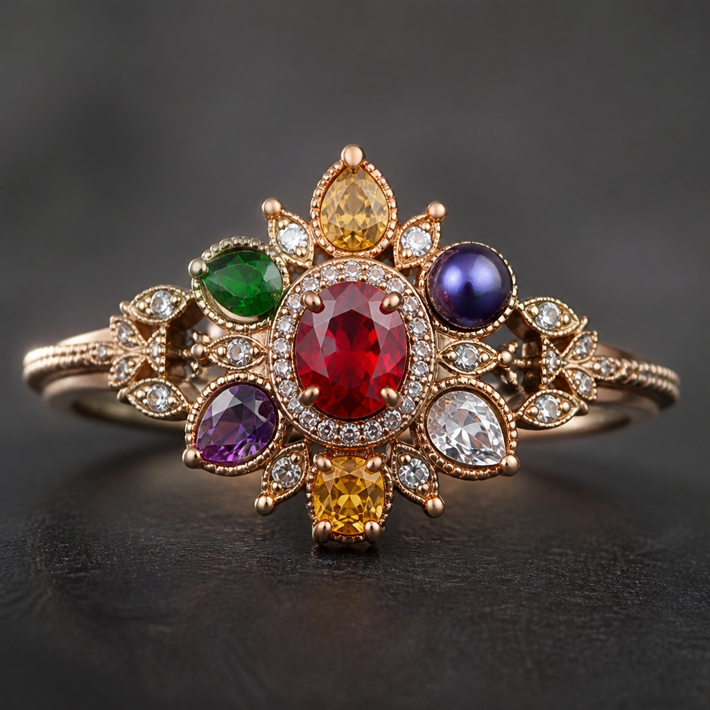 A women's engagement ring with red diamond and yellow ruby and green emerald and blue pearl and purple garnet and white sapphire stones suitable for party
photorealistic jewelry design, A women's engagement ring with red diamond and yellow ruby and green emerald and blue pearl and purple garnet and white sapphire stones suitable for party, heritage style, just the design no text