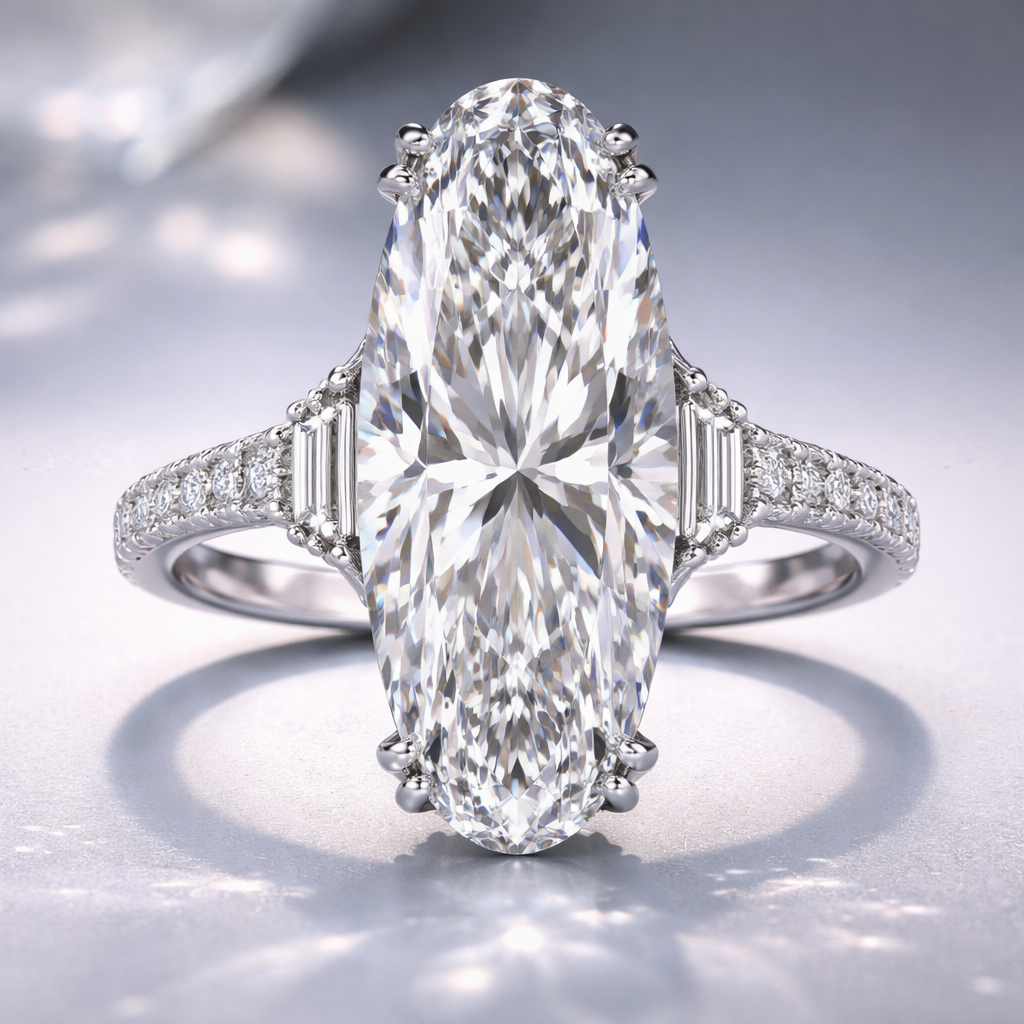 A beautiful ring with a 10 carat long skinny oval shaped diamond