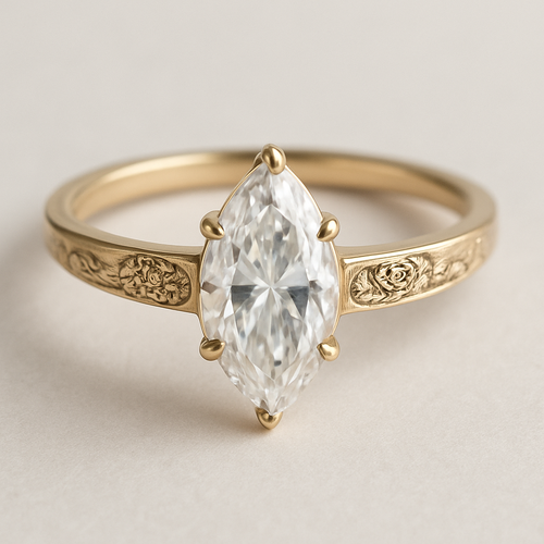 2ct marquise engagement ring with thin gold band that is even in width all the way around. cathedral setting. subtle vintage design on band that subtly includes one carnation and one rose 