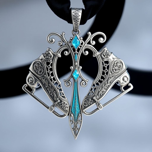 Silver pendant in the shape of ice skating blades with a turquoise stripe within the blade