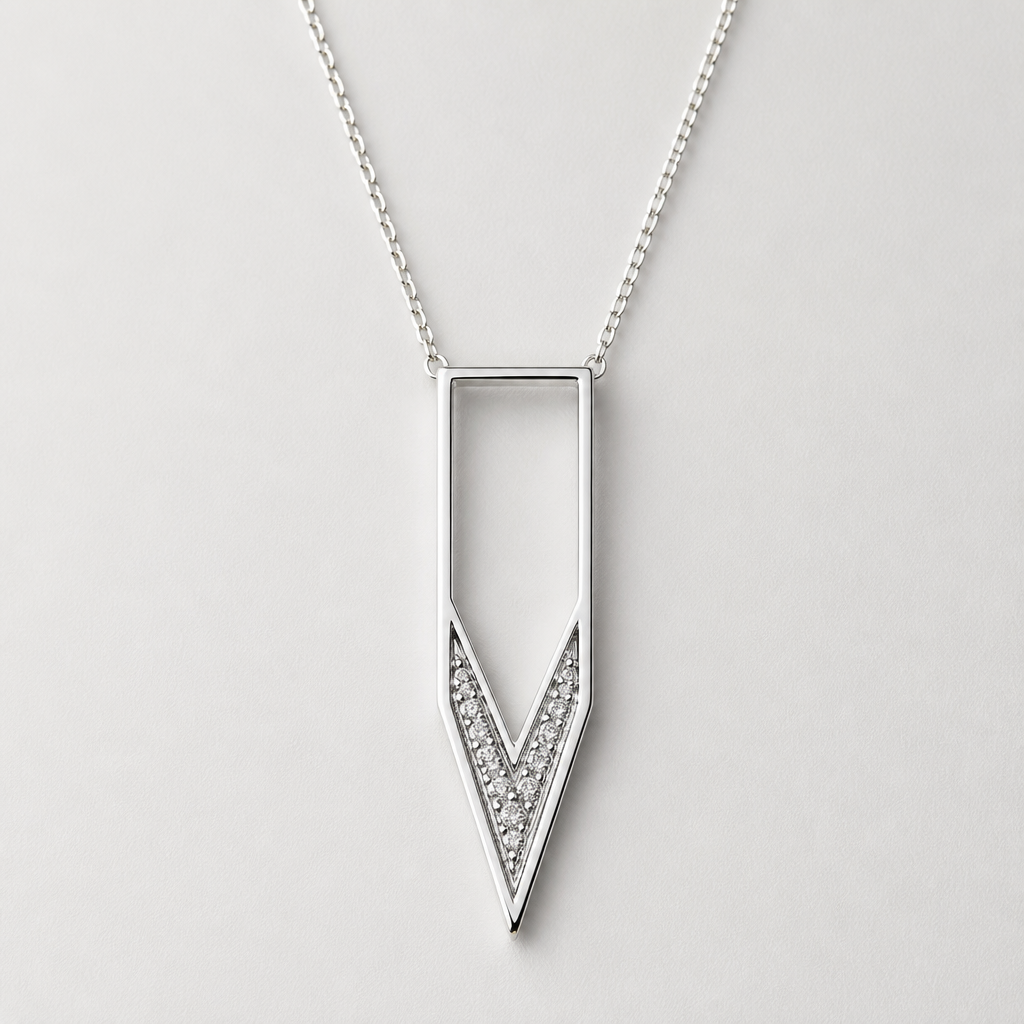A women's necklace made of silver. Flèche moderne, rectangle avec triangle en line fine remplit de diamand, qui pointe vers le bas
photorealistic jewelry design, A women's necklace made of silver. Flèche moderne, rectangle avec triangle en line fine remplit de diamand, qui pointe vers le bas, modern style, just the design no text
