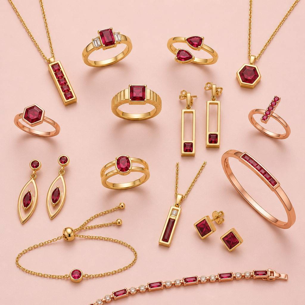 Multiple pieces of Ruby Jewelry in different styles and gold colors including rings, pendants, earrings, bracelets, etc with a blush pink background
Modern jewelry: Multiple pieces of Modern ruby jewelry in various styles and gold colors including rings, pendants, earrings, bracelets, etc., featuring sleek lines and geometric forms, on a blush pink background.
