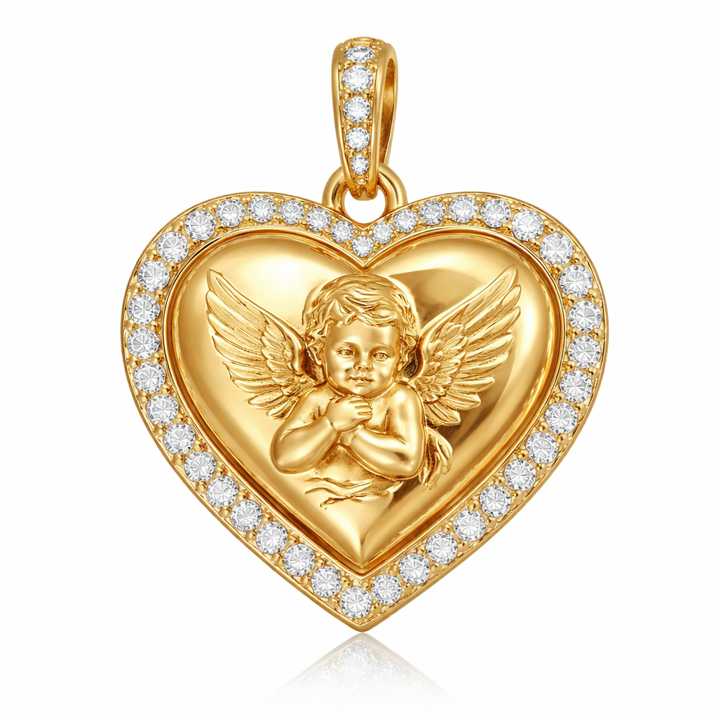 Gold heart pendant with guardian angel cherub on surface and Pavé diamond border around heart, gold bale
Gold heart pendant with guardian angel cherub on surface and Pavé diamond border around heart, gold bale, bespoke style