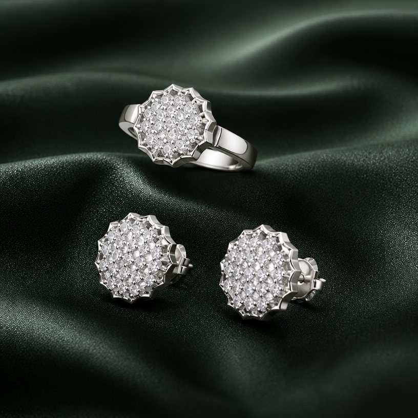 A women's ring. make it in silver jewellery earrings same design and push back
using the attached image as a visual reference, create A women's ring. make it in silver jewellery earrings same design and push back. photorealistic, just the design no text