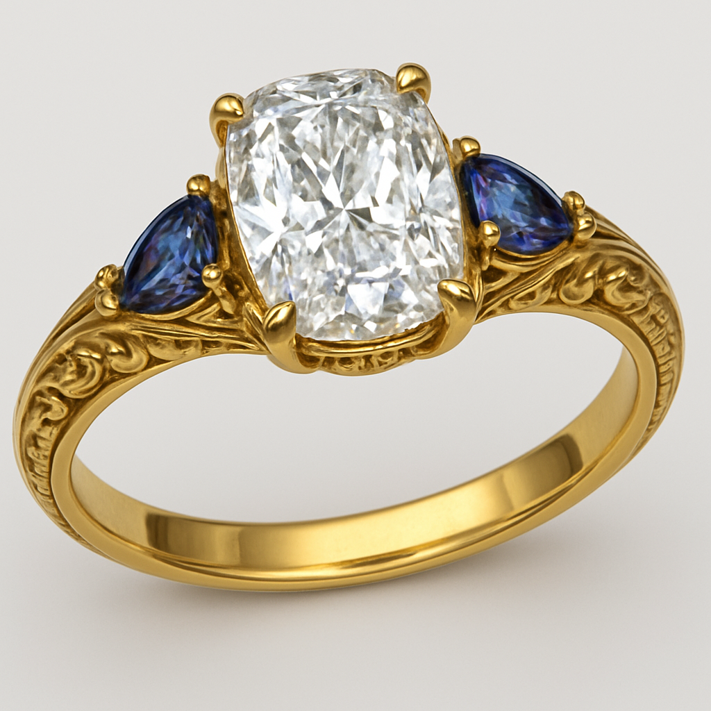 2 carat elongated cushion cut diamond with claw prongs and marquise alexandrite side stones set in a yellow flared shank from all angles 