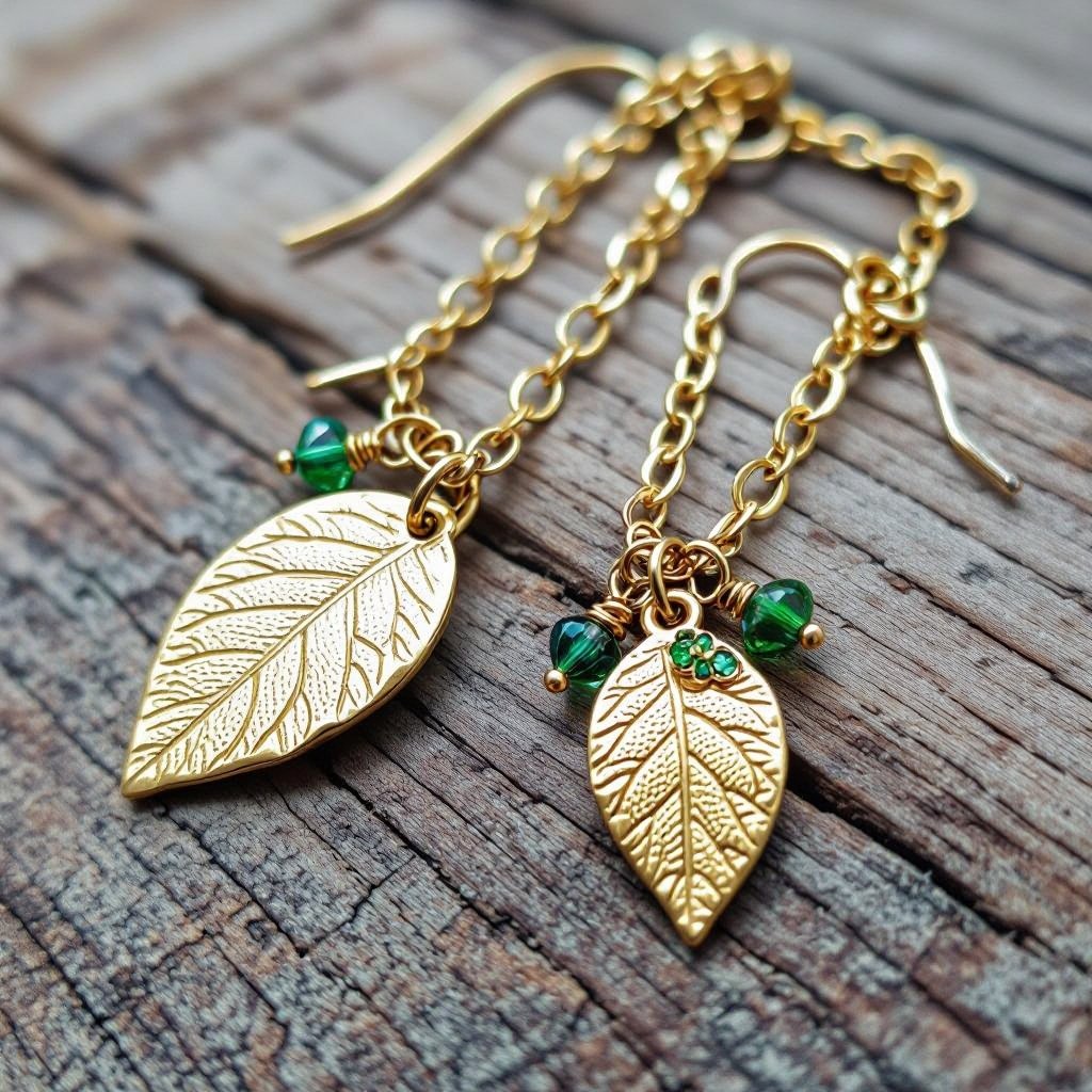 Серьги длинные на цепочках матовое золото мятое. Символ листок с прожилками на нем маленькие зеленые  камушки