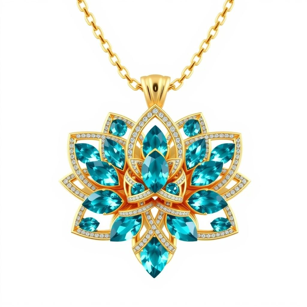 A 50 carat lotus shaped pendant necklace with VVS Nanette-cut turquoise sapphire gemstones and gold chain 