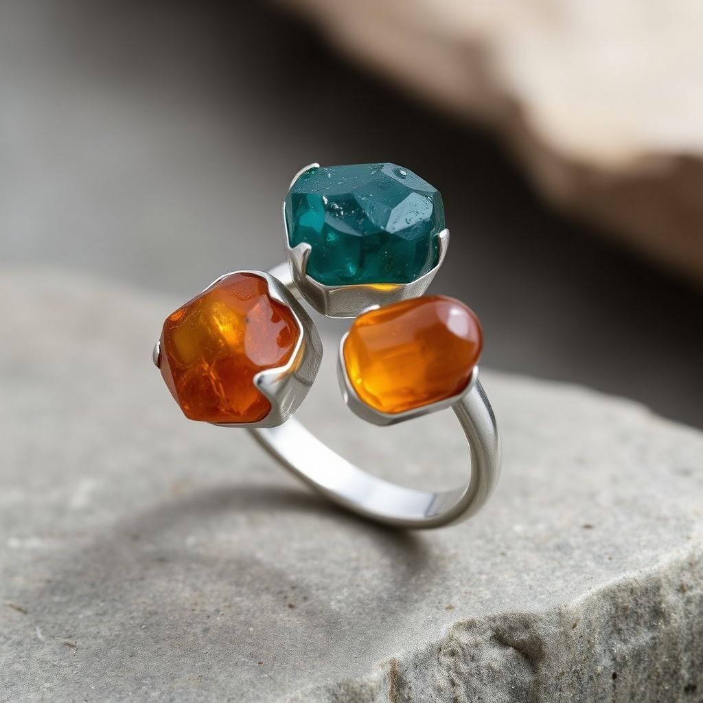 Craft a minimalist silver adjustable ring that delicately embraces the finger. Feature two striking raw natural gemstones—allowing their organic textures and colors to stand out. The design exudes earthy elegance, merging modern style with raw, untamed nature.